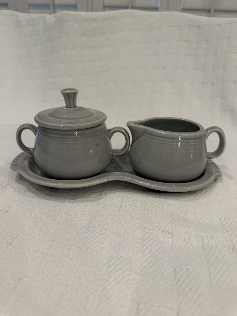 Fiesta Fiestaware Pearl Gray Sugar Creamer Set Figure 8 Tray Retired 1999 HLC US